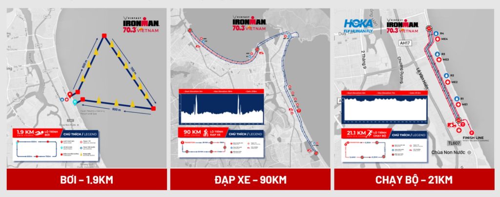 Bản đồ chi tiết lộ trình thi đấu IRONMAN 70.3 Đà Nẵng 2025 với ba nội dung: bơi, đạp, chạy