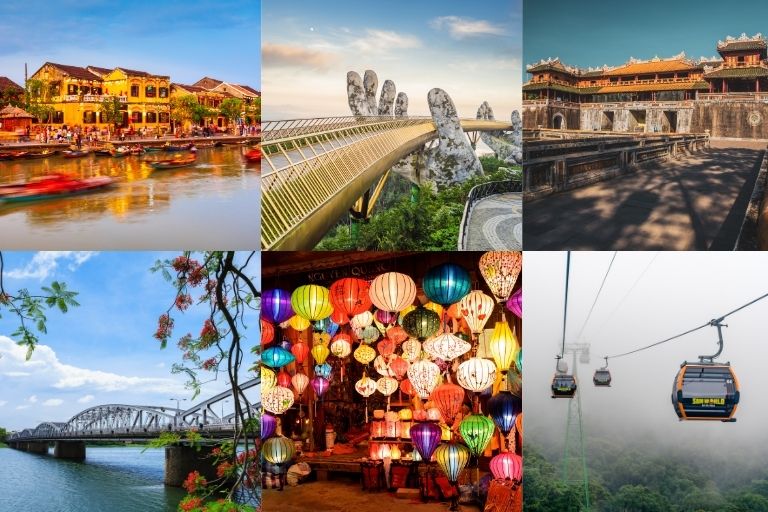 Cầu Vàng tại Bà Nà Hills hoặc tượng Phật Quan Âm tại Chùa Linh Ứng, Bán đảo Sơn Trà, Đà Nẵng.