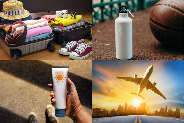 Hình ảnh vali du lịch được sắp xếp gọn gàng với quần áo hè, mũ, kính râm và kem chống nắng, tượng trưng cho việc chuẩn bị hành lý cho chuyến đi tháng 6.